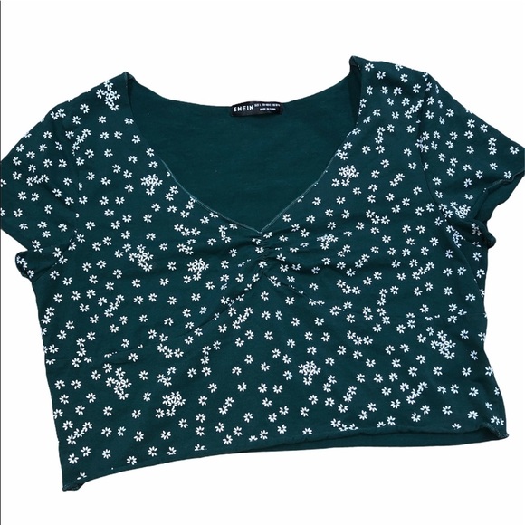 Shein green & white daisy floral cinched crop top - Picture 3 of 6